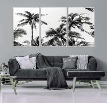 46641801-MGV-FC-60X30-3P_White-Palm Tree Wall Art Canvas Print, Framed Black White Tropics Art Picture Print, Monochrome Palms Perfect Modern Tropical Minimalist