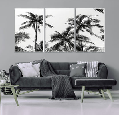 46641801-MGV-FC-60X30-3P_White-Palm Tree Wall Art Canvas Print, Framed Black White Tropics Art Picture Print, Monochrome Palms Perfect Modern Tropical Minimalist