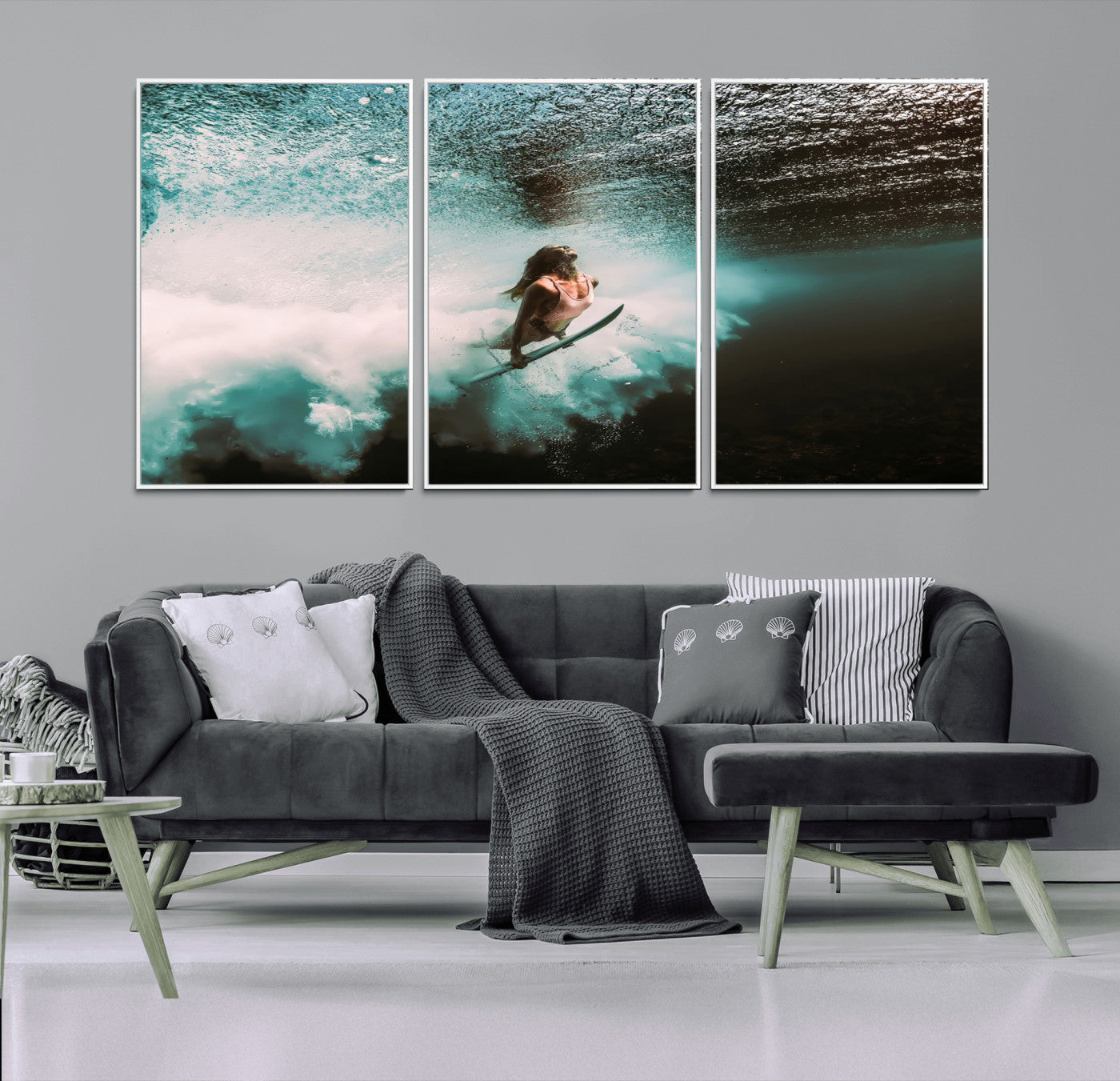 85923512-MGV-FC-60X30-3P_White-Aquatic Motion Wall Art Canvas Print, Framed Underwater Swimming Art Picture Print, Female Surfer Diving Perfect Coastal Boho