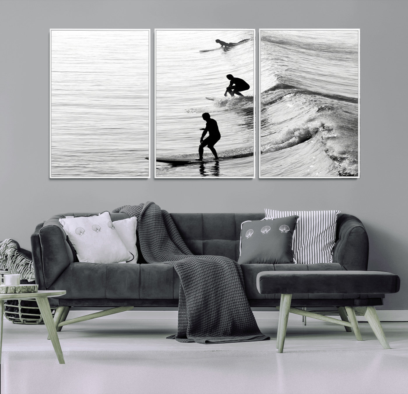 19875284-MGV-FC-60X30-3P_White-Surfer Waves Wall Art Canvas Print, Framed Black White Surf Art Picture Print, Monochrome Ocean Perfect Modern Coastal Decor