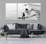 19875284-MGV-FC-60X30-3P_White-Surfer Waves Wall Art Canvas Print, Framed Black White Surf Art Picture Print, Monochrome Ocean Perfect Modern Coastal Decor