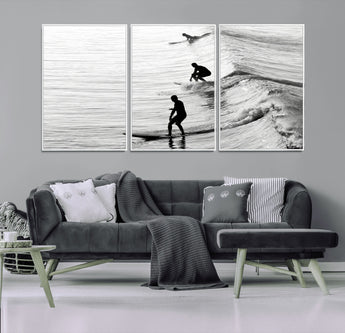 19875284-MGV-FC-60X30-3P_White-Surfer Waves Wall Art Canvas Print, Framed Black White Surf Art Picture Print, Monochrome Ocean Perfect Modern Coastal Decor