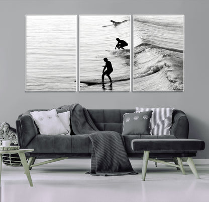 19875284-MGV-CV-36X24-Surfer Waves Wall Art Canvas Print, Framed Black White Surf Art Picture Print, Monochrome Ocean Perfect Modern Coastal Decor