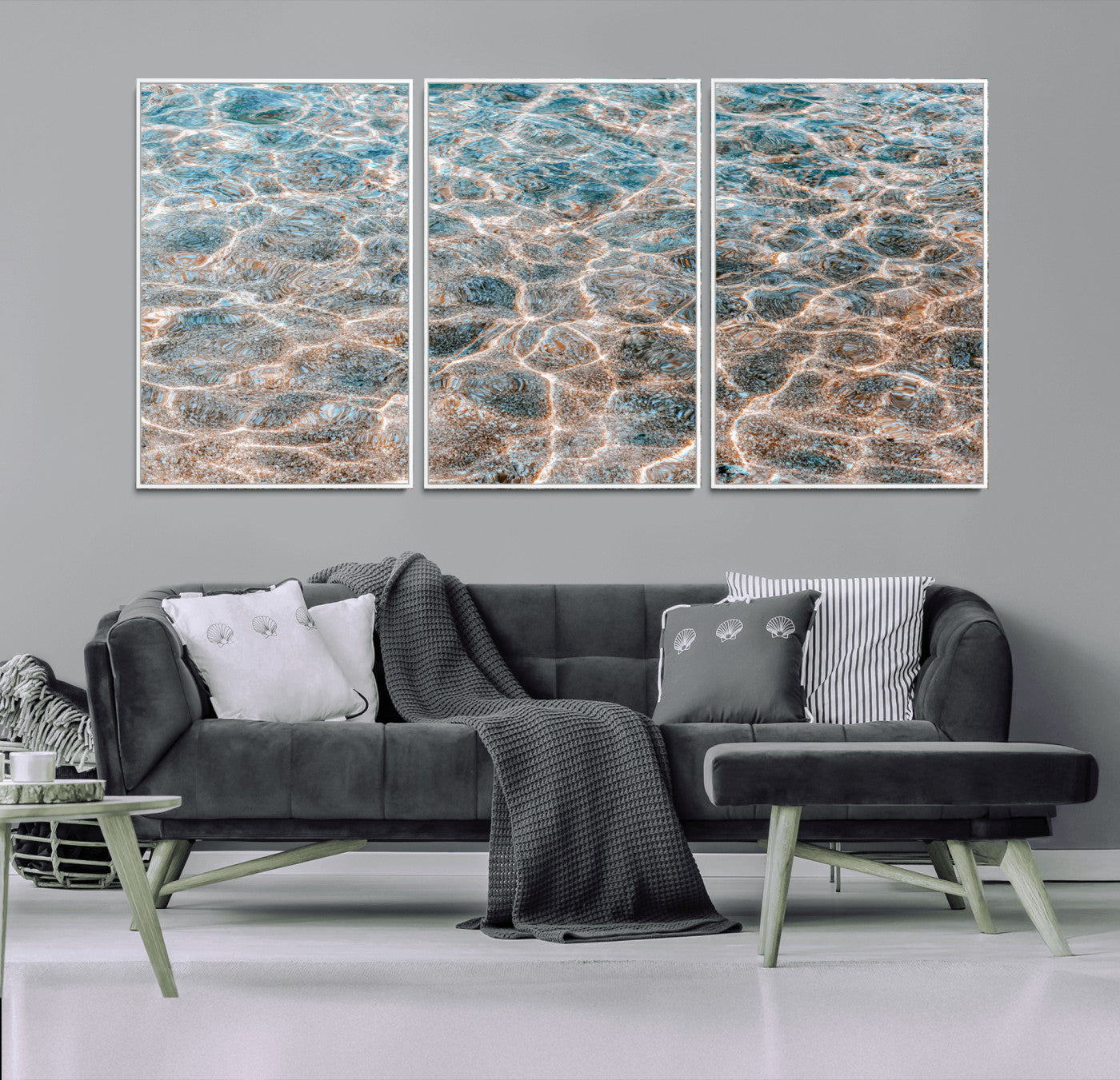 26580287-MGV-FC-60X30-3P_White-Clear Water Wall Art Canvas Print, Framed Sunlit Ripples Art Picture Print, Ocean Texture Perfect Modern Coastal Decor Artwork