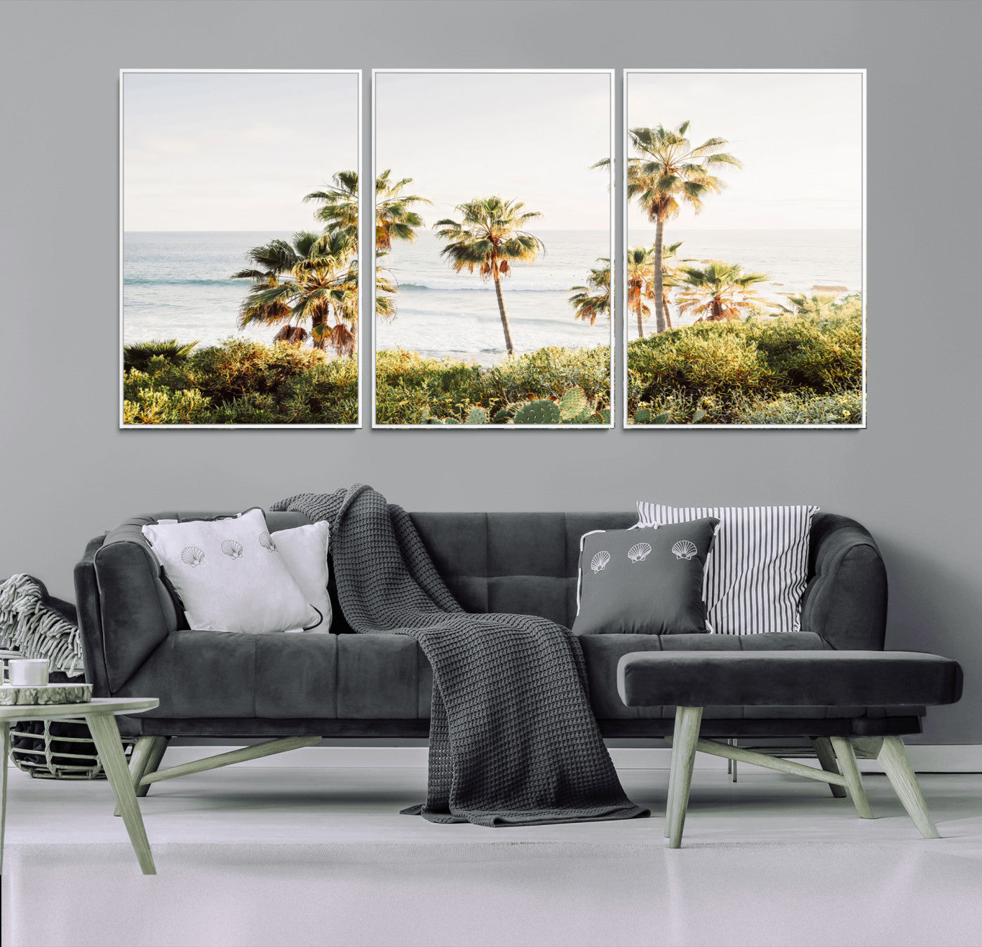 94707294-MGV-FC-60X30-3P_White-California Coast Wall Art Canvas Print, Framed Palm Trees Art Picture Print, Coastal Landscape Perfect Coastal Minimalist Decor