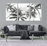 62113786-MGV-FC-60X30-3P_White-Black White Palm Wall Art Canvas Print, Framed Monochrome Tropics Art Picture Print, Minimalist Beach Perfect Coastal Minimalist