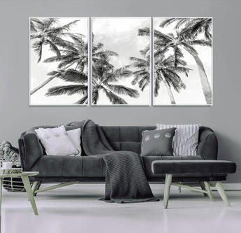62113786-MGV-FC-60X30-3P_White-Black White Palm Wall Art Canvas Print, Framed Monochrome Tropics Art Picture Print, Minimalist Beach Perfect Coastal Minimalist