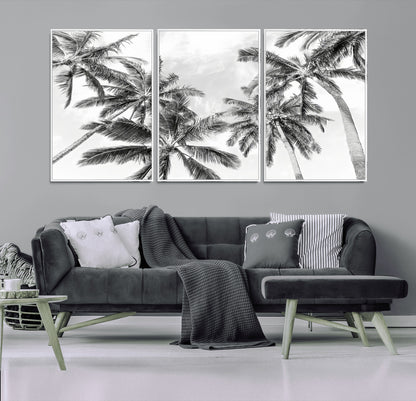62113786-MGV-FC-60X30-3P_White-Black White Palm Wall Art Canvas Print, Framed Monochrome Tropics Art Picture Print, Minimalist Beach Perfect Coastal Minimalist