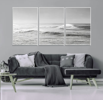98634812-MGV-CV-36X24-Black and White Ocean Waves Wall Art – Minimalist Sea Canvas Print, Coastal Photography Decor for Living Room, Bedroom or Office