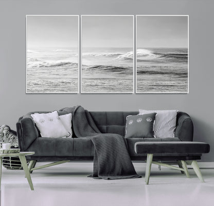 98634812-MGV-CV-36X24-Black and White Ocean Waves Wall Art – Minimalist Sea Canvas Print, Coastal Photography Decor for Living Room, Bedroom or Office