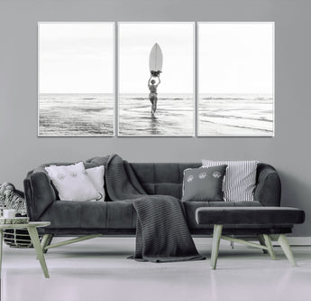 98446901-MGV-FC-60X30-3P_White-Monochrome Surf Wall Art Canvas Print, Framed Minimalist Surfer Art Picture Print, Surfboard Silhouette Perfect Coastal Minimalist