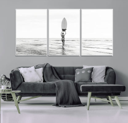 98446901-MGV-FC-60X30-3P_White-Monochrome Surf Wall Art Canvas Print, Framed Minimalist Surfer Art Picture Print, Surfboard Silhouette Perfect Coastal Minimalist
