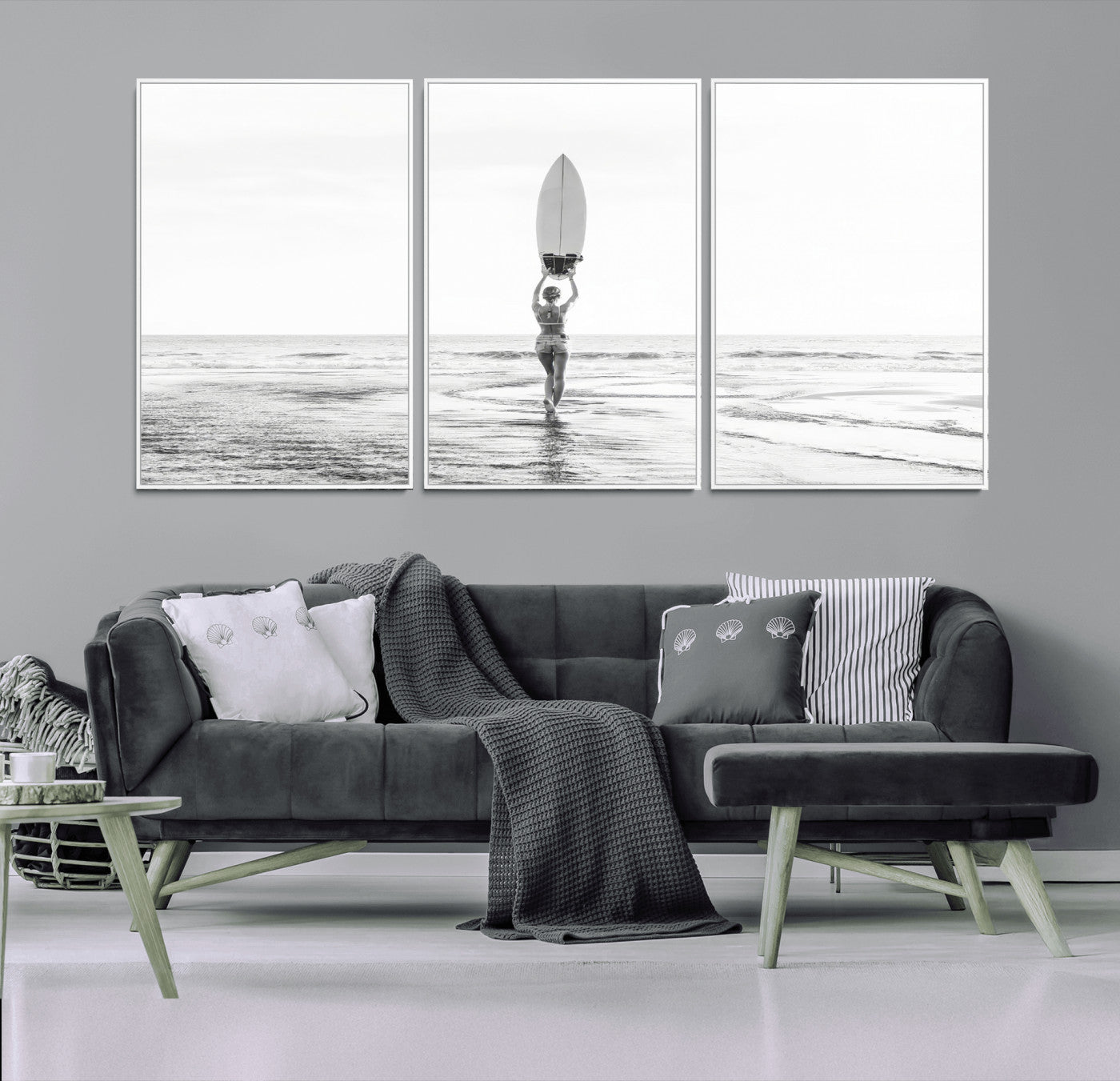 98446901-MGV-CV-36X24-Monochrome Surf Wall Art Canvas Print, Framed Minimalist Surfer Art Picture Print, Surfboard Silhouette Perfect Coastal Minimalist