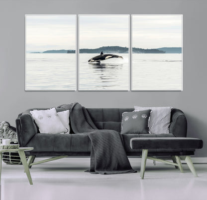 10157174-MGV-CV-36X24-Orca Whale Wall Art Canvas Print, Framed Black White Whale Art Picture Print, Minimalist Ocean Perfect Coastal Minimalist Decor