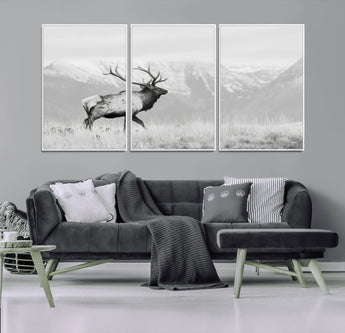 62278753-MGV-FC-60X30-3P_White-Monochrome Elk Wall Art Canvas Print, Framed Mountain Wildlife Art Picture Print, Rustic Nature Perfect Rustic Minimalist Decor
