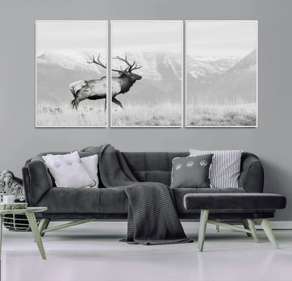 62278753-MGV-CV-36X24-Monochrome Elk Wall Art Canvas Print, Framed Mountain Wildlife Art Picture Print, Rustic Nature Perfect Rustic Minimalist Decor