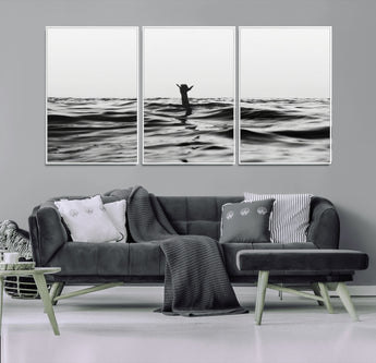 69541918-MGV-FC-60X30-3P_White-Black White Ocean Wall Art Canvas Print, Framed Moody Seascape Art Picture Print, Surfer Sign Perfect Moody Minimalist Decor