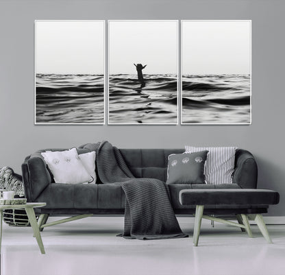 69541918-MGV-FC-60X30-3P_White-Black White Ocean Wall Art Canvas Print, Framed Moody Seascape Art Picture Print, Surfer Sign Perfect Moody Minimalist Decor