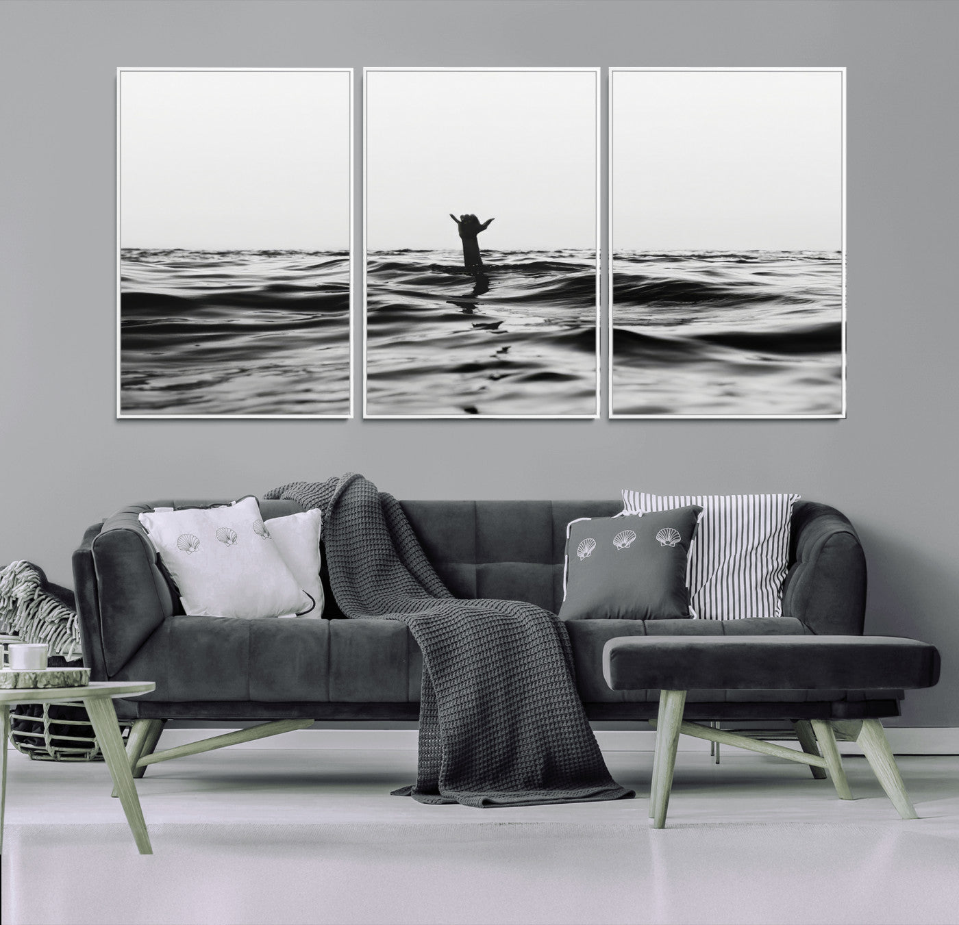69541918-MGV-CV-36X24-Black White Ocean Wall Art Canvas Print, Framed Moody Seascape Art Picture Print, Surfer Sign Perfect Moody Minimalist Decor