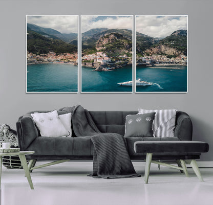 20321590-MGV-FC-60X30-3P_White-Amalfi Coast Wall Art Canvas Print, Framed Italy Travel Art Picture Print, Mediterranean Landscape Perfect Mediterranean Coastal