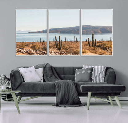 45193515-MGV-CV-36X24-Desert Cactus Wall Art Canvas Print, Framed Baja Coastline Art Picture Print, Coastal Desert Perfect Southwestern Minimalist Decor
