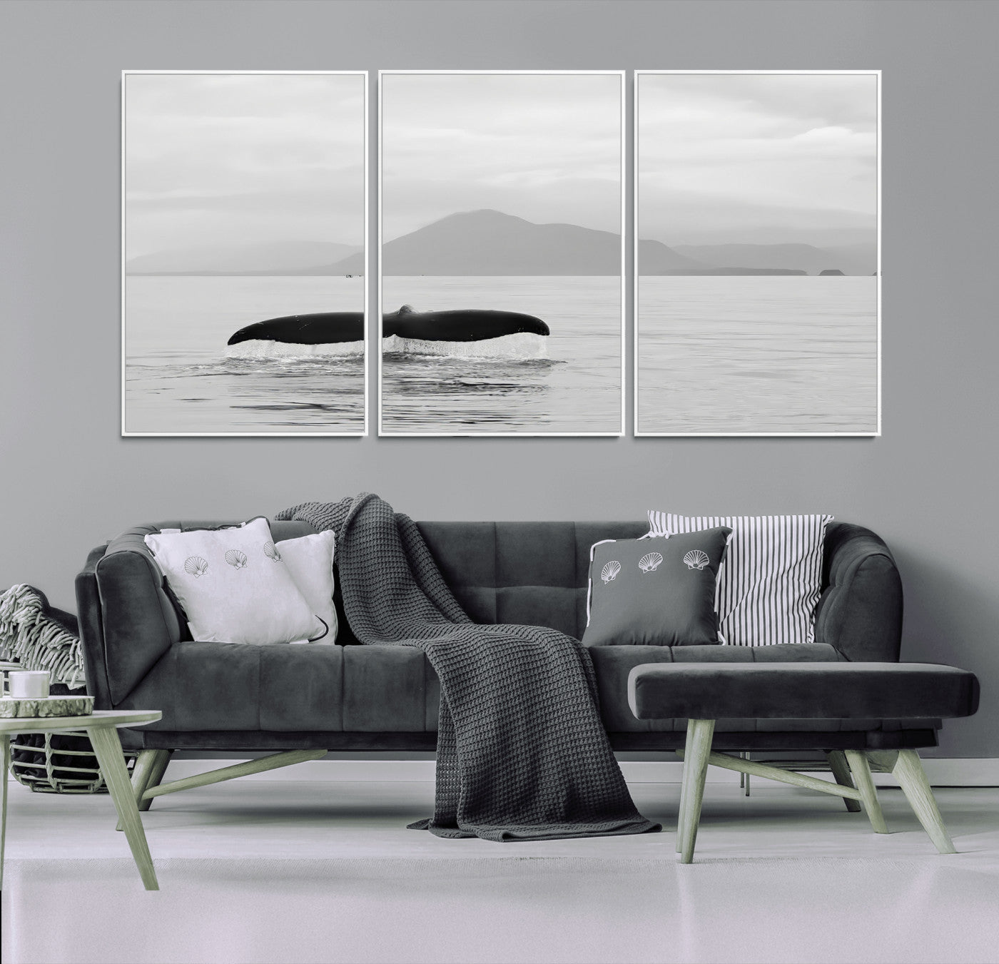 30524220-MGV-CV-36X24-Whale Tail Wall Art Canvas Print, Framed Black White Ocean Art Picture Print, Calm Marine Perfect Minimalist Coastal Decor Artwork