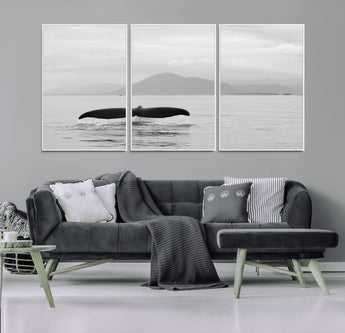 30524220-MGV-CV-36X24-Whale Tail Wall Art Canvas Print, Framed Black White Ocean Art Picture Print, Calm Marine Perfect Minimalist Coastal Decor Artwork
