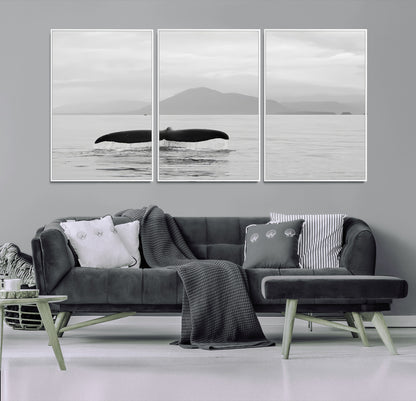 30524220-MGV-CV-36X24-Whale Tail Wall Art Canvas Print, Framed Black White Ocean Art Picture Print, Calm Marine Perfect Minimalist Coastal Decor Artwork