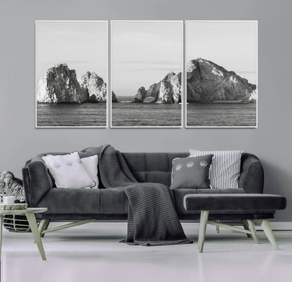 18810731-MGV-CV-36X24-Rugged Coastline Wall Art Canvas Print, Framed Ocean Cliffs Art Picture Print, Monochrome Seascape Perfect Coastal Minimalist