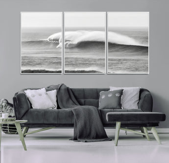 42544082-MGV-FC-60X30-3P_White-Monochrome Seascape Wall Art Canvas Print, Framed Surf Wave Art Picture Print, Minimalist Ocean Perfect Moody Coastal Decor
