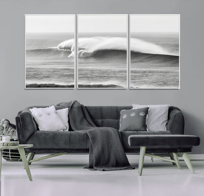 42544082-MGV-FC-60X30-3P_White-Monochrome Seascape Wall Art Canvas Print, Framed Surf Wave Art Picture Print, Minimalist Ocean Perfect Moody Coastal Decor