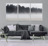 59703275-MGV-FC-60X30-3P_White-Surfer in Fog Wall Art Canvas Print, Framed Foggy Beach Art Picture Print, Coastal Surf Perfect Moody Coastal Decor Artwork