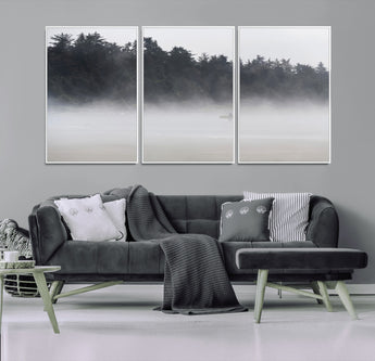 59703275-MGV-FC-60X30-3P_White-Surfer in Fog Wall Art Canvas Print, Framed Foggy Beach Art Picture Print, Coastal Surf Perfect Moody Coastal Decor Artwork