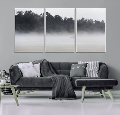 59703275-MGV-FC-60X30-3P_White-Surfer in Fog Wall Art Canvas Print, Framed Foggy Beach Art Picture Print, Coastal Surf Perfect Moody Coastal Decor Artwork