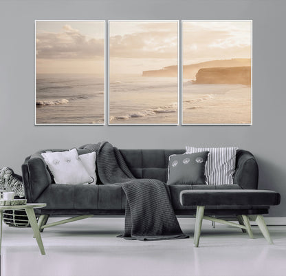 57669769-MGV-CV-36X24-Misty Coastal Wall Art Canvas Print, Framed Golden Sunset Art Picture Print, Serene Shoreline Perfect Tranquil Coastal Decor