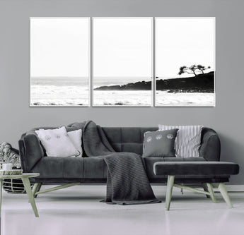 40875891-MGV-FC-60X30-3P_White-SurferCliffs Wall Art Canvas Print, Framed Black White Beach Art Picture Print, Ocean Waves Perfect Minimalist Coastal Decor