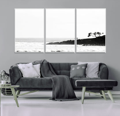 40875891-MGV-FC-60X30-3P_White-SurferCliffs Wall Art Canvas Print, Framed Black White Beach Art Picture Print, Ocean Waves Perfect Minimalist Coastal Decor