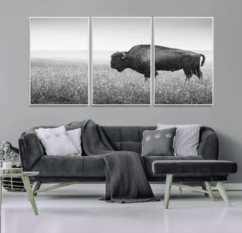 28435251-MGV-CV-36X24-Bison In Prairie Wall Art Canvas Print, Framed Rustic Wildlife Art Picture Print, Wild Buffalo Perfect Rustic Western Decor