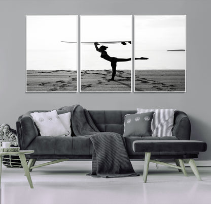 28441356-MGV-FC-60X30-3P_White-Yoga Surf Wall Art Canvas Print, Framed Black White Shore Art Picture Print, Peaceful Ocean Perfect Minimalist Coastal Decor