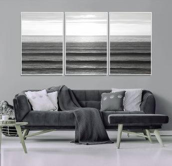 47305203-MGV-FC-60X30-3P_White-Monochrome Ocean Wall Art Canvas Print, Framed Moody Ocean Art Picture Print, Calm Ocean Perfect Minimalist Coastal Decor Artwork