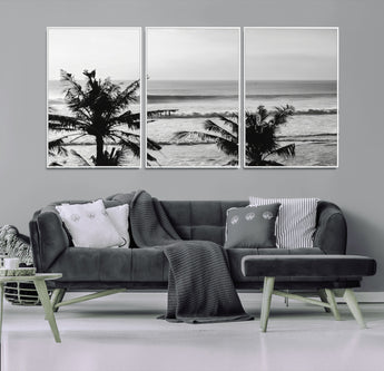 17508038-MGV-FC-60X30-3P_White-Tropical Coastline Wall Art Canvas Print, Framed Palm Trees Art Picture Print, Ocean Waves Perfect Minimalist Coastal Decor