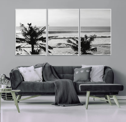 17508038-MGV-FC-60X30-3P_White-Tropical Coastline Wall Art Canvas Print, Framed Palm Trees Art Picture Print, Ocean Waves Perfect Minimalist Coastal Decor