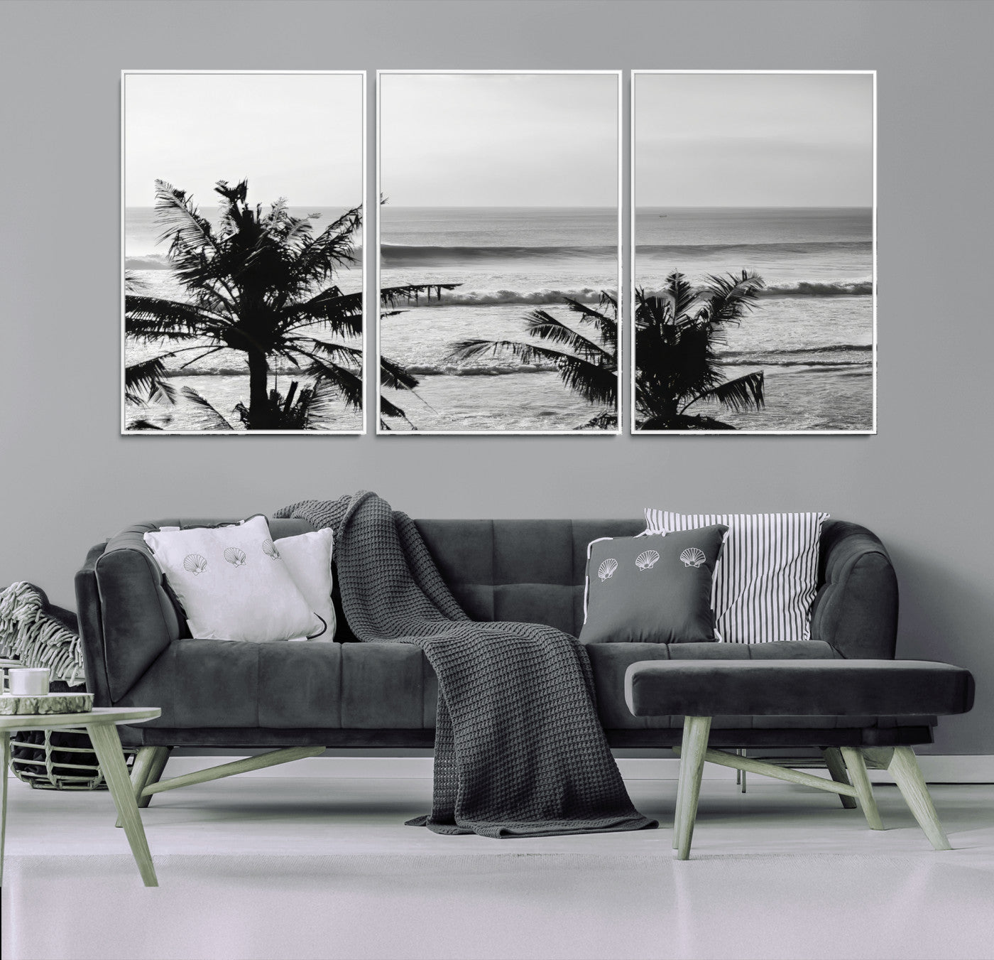 17508038-MGV-CV-36X24-Tropical Coastline Wall Art Canvas Print, Framed Palm Trees Art Picture Print, Ocean Waves Perfect Minimalist Coastal Decor