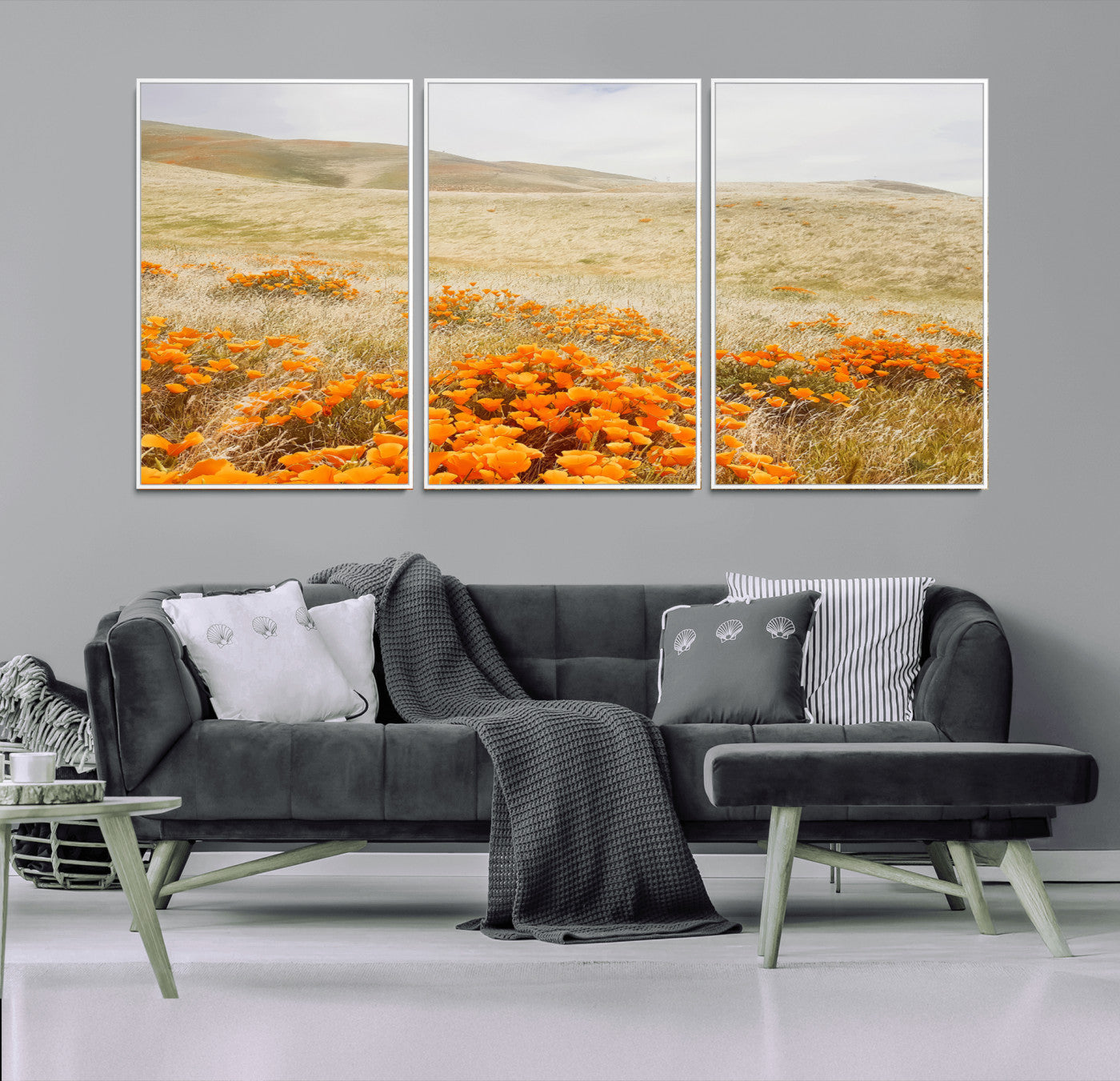 28972262-MGV-FC-60X30-3P_White-Golden Wildflowers Wall Art Canvas Print, Framed Hills Bloom Art Picture Print, Poppy Meadow Perfect Rustic Nature Decor Artwork
