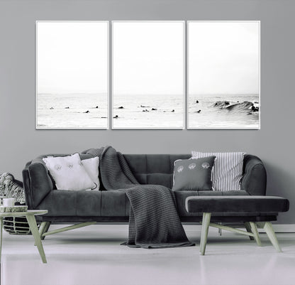 38441169-MGV-FC-60X30-3P_White-Monochrome Swimming Wall Art Canvas Print, Framed Ocean Horizon Art Picture Print, Moody Coastal Perfect Minimalist Coastal Decor