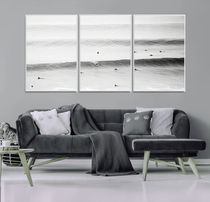 54291445-MGV-FC-60X30-3P_White-Black White Ocean Wall Art Canvas Print, Framed Coastal Sport Art Picture Print, Ocean Culture Perfect Minimalist Coastal Decor