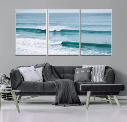 73692470-MGV-FC-60X30-3P_White-Ocean Swell Wall Art Canvas Print, Framed Surf Waves Art Picture Print, Blue Water Perfect Coastal Dynamic Decor Artwork
