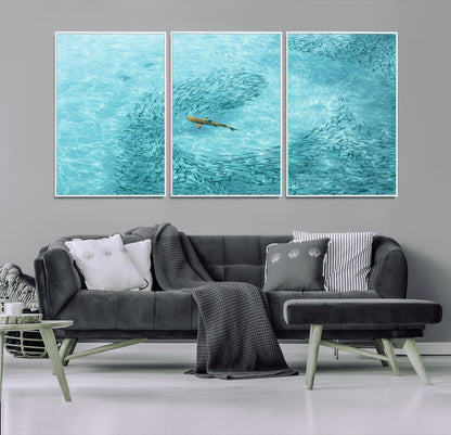 43671474-MGV-FC-60X30-3P_White-Fish Swarm Wall Art Canvas Print, Framed Marine Life Art Picture Print, Shark Aerial Perfect Wildlife Coastal Decor Artwork