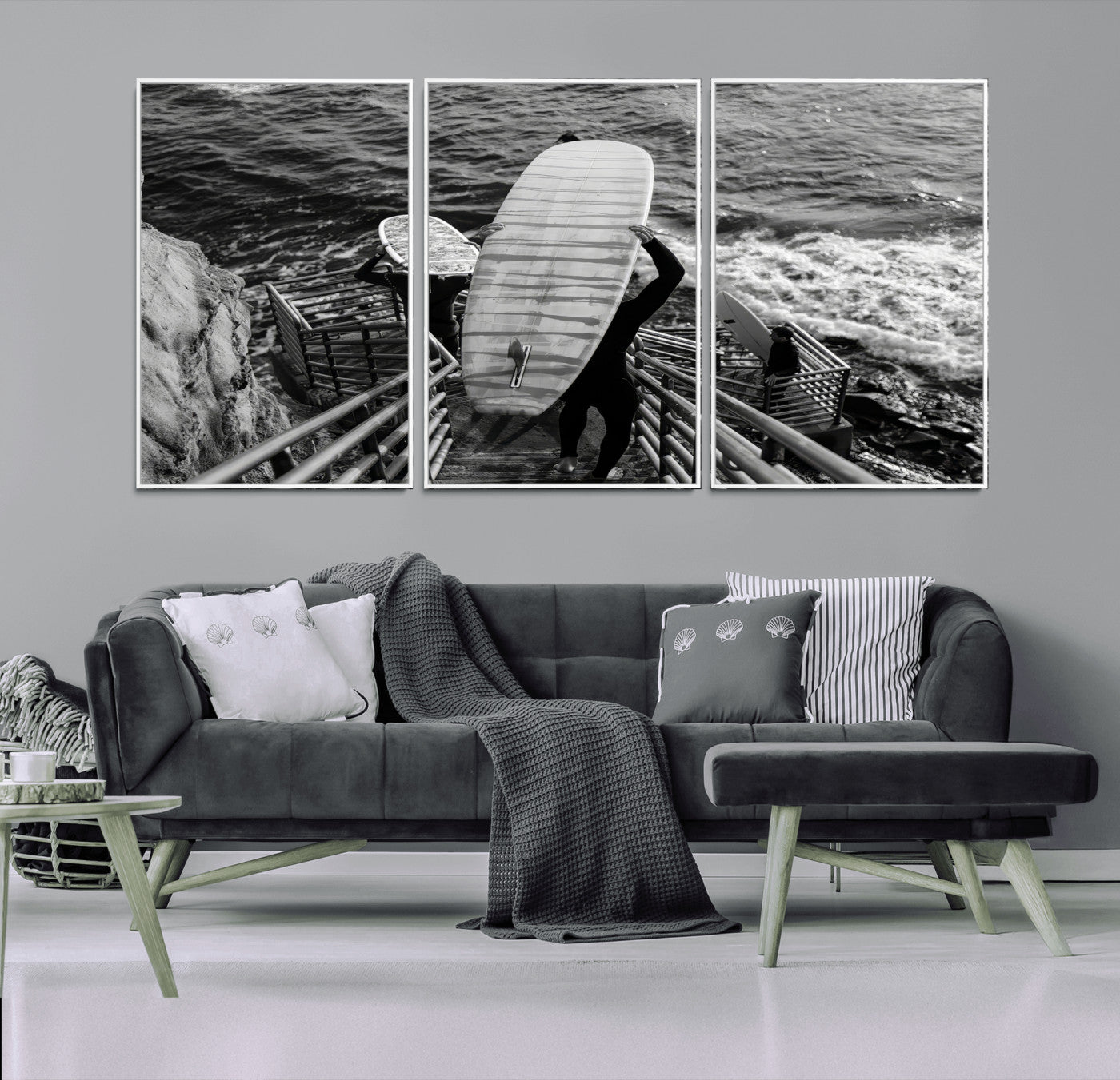 32353707-MGV-FC-60X30-3P_White-Black White Surfing Wall Art Canvas Print, Framed Coastal Surfing Art Picture Print, Wave Riders Perfect Coastal Adventure Decor