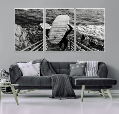 32353707-MGV-FC-60X30-3P_White-Black White Surfing Wall Art Canvas Print, Framed Coastal Surfing Art Picture Print, Wave Riders Perfect Coastal Adventure Decor